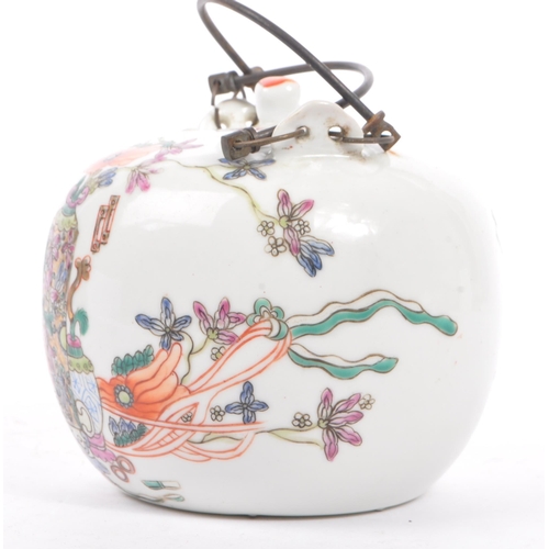 135 - A late 19th century Chinese porcelain teapot. The teapot having white ground with hand painted decor... 