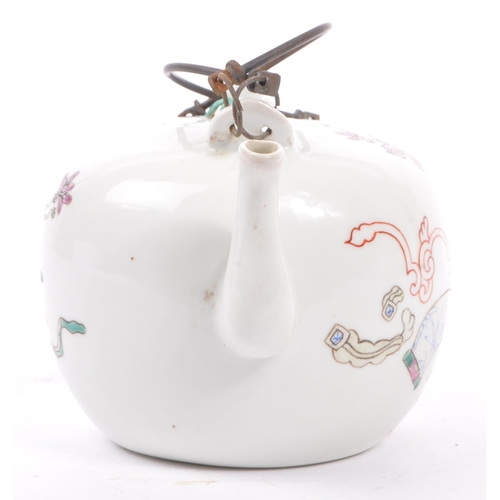 135 - A late 19th century Chinese porcelain teapot. The teapot having white ground with hand painted decor... 