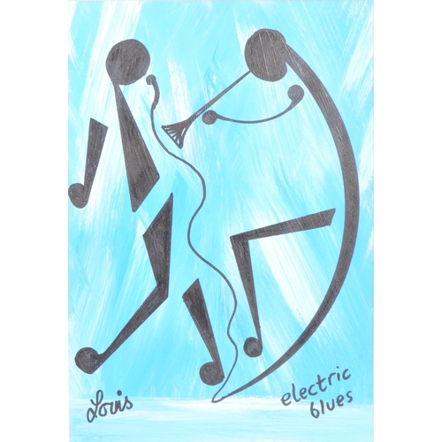 191 - A pair of contemporary acrylic and marker painting. Having blue / white strokes to background. With ... 