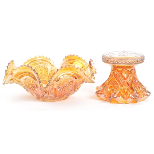 22 - A vintage iridescent carnival glass punch bowl in a marigold / amber colourway. Measures 28.5cm (dia... 