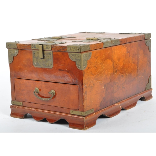 227 - A 20th century hardwood and brass Chinese casket - jewellery box. Of rectangular form with articulat... 