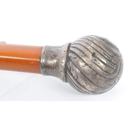 288 - An early 20th century gentleman's birch wood walking cane with silver collar and tip, hallmarks rubb... 