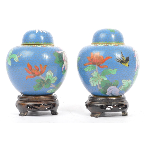 295 - A pair of vintage 20th century Chinese cloisonne ginger jars with covers. With blue ground, floral d... 