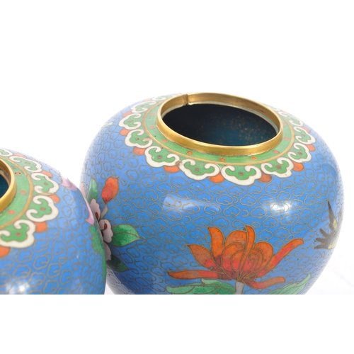 295 - A pair of vintage 20th century Chinese cloisonne ginger jars with covers. With blue ground, floral d... 