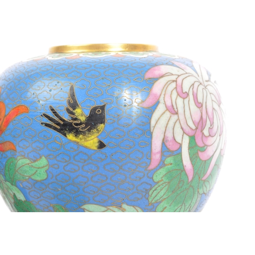 295 - A pair of vintage 20th century Chinese cloisonne ginger jars with covers. With blue ground, floral d... 