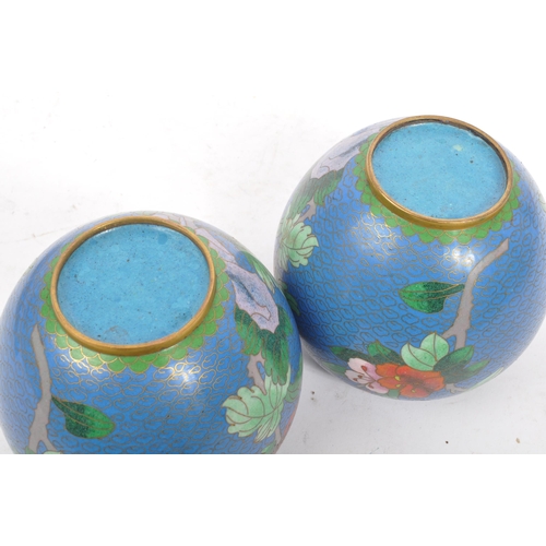 295 - A pair of vintage 20th century Chinese cloisonne ginger jars with covers. With blue ground, floral d... 