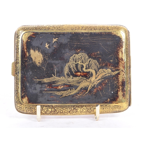 309 - A 1940's mid Century Chinese brass cigarette case with scenic design depicting Chinese houses and la... 