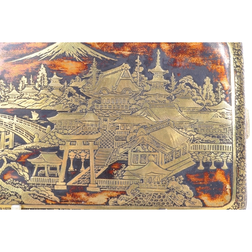 309 - A 1940's mid Century Chinese brass cigarette case with scenic design depicting Chinese houses and la... 