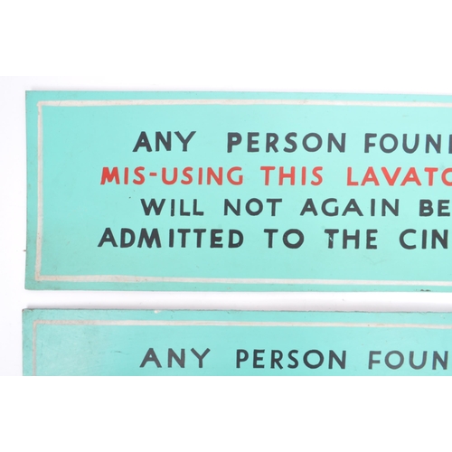 350 - A pair of mid 20th century cinema lavatory signs. The signs having turquoise green painted fronts wi... 