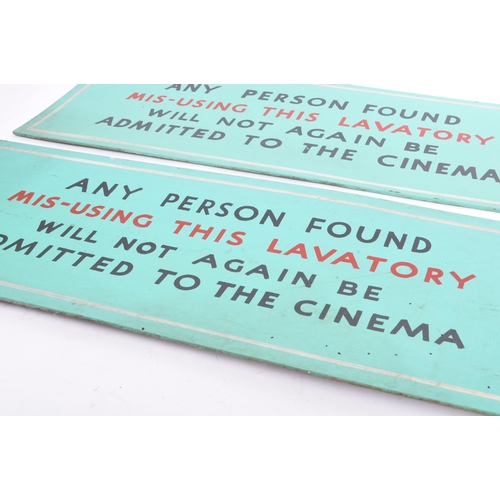 350 - A pair of mid 20th century cinema lavatory signs. The signs having turquoise green painted fronts wi... 