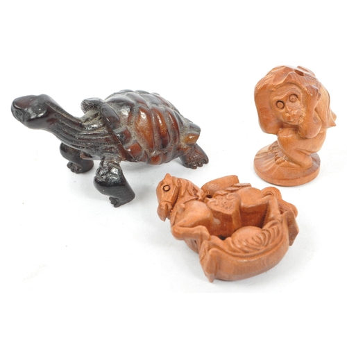 361 - A collection of 19th century Japanese netsuke carved wooden figures. Comprising of a turtle, monkey ... 