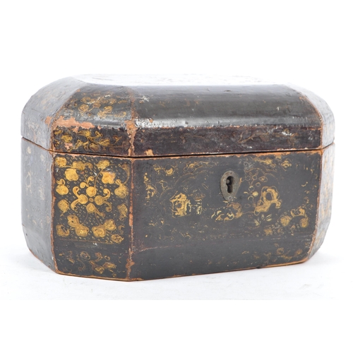 367 - A 19th century Chinese Cantonese black lacquered tea caddy box. The box having a black lacquered fin... 