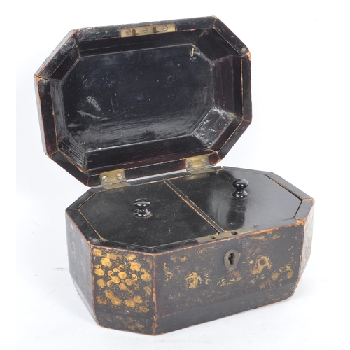 367 - A 19th century Chinese Cantonese black lacquered tea caddy box. The box having a black lacquered fin... 