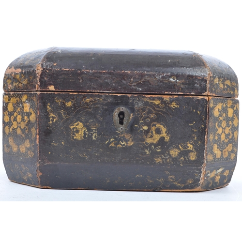 367 - A 19th century Chinese Cantonese black lacquered tea caddy box. The box having a black lacquered fin... 