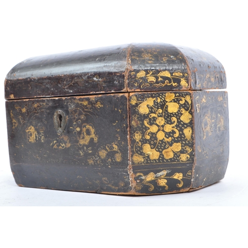 367 - A 19th century Chinese Cantonese black lacquered tea caddy box. The box having a black lacquered fin... 