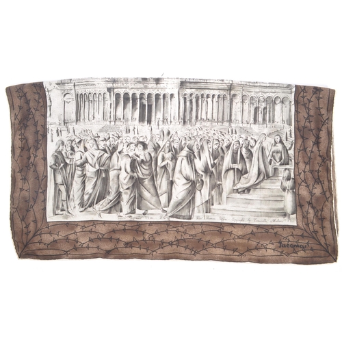 389 - A vintage 20th century Jacqmar silk scarf neckerchief. With architectural building to central panel,... 