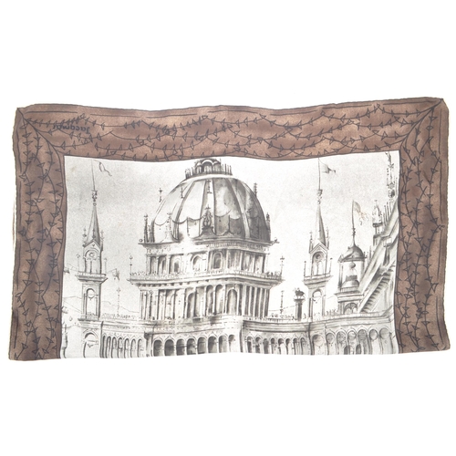 389 - A vintage 20th century Jacqmar silk scarf neckerchief. With architectural building to central panel,... 