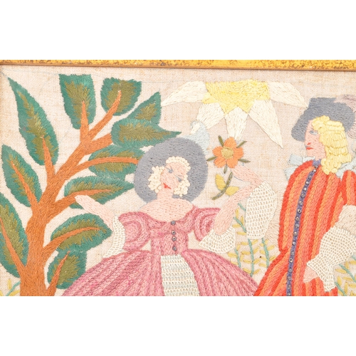 393 - A Victorian 19th century needlework social themed sampler. The sampler reciting a youthful dancing c... 