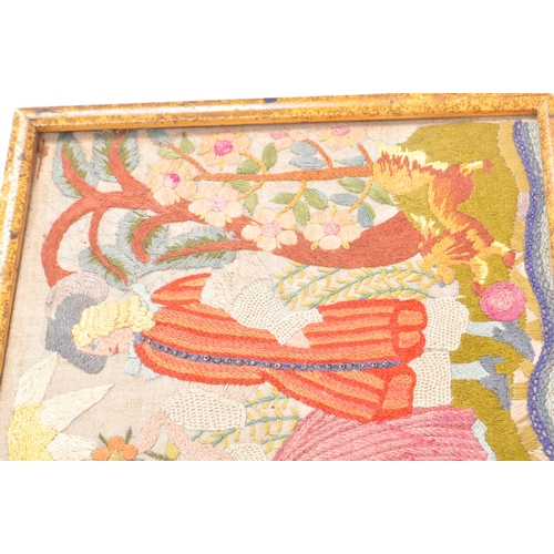 393 - A Victorian 19th century needlework social themed sampler. The sampler reciting a youthful dancing c... 