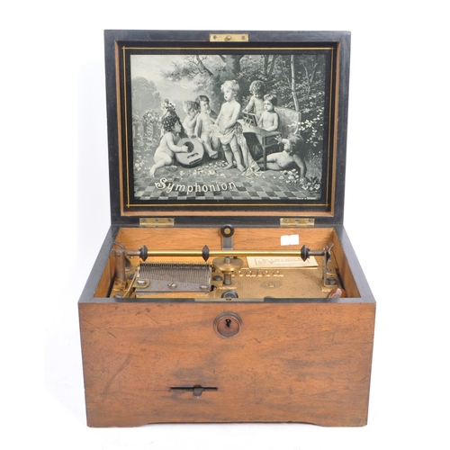 423 - A 19th century German walnut cased symphonium. With hinged lid, bearing inlaid label Symphonion to e... 