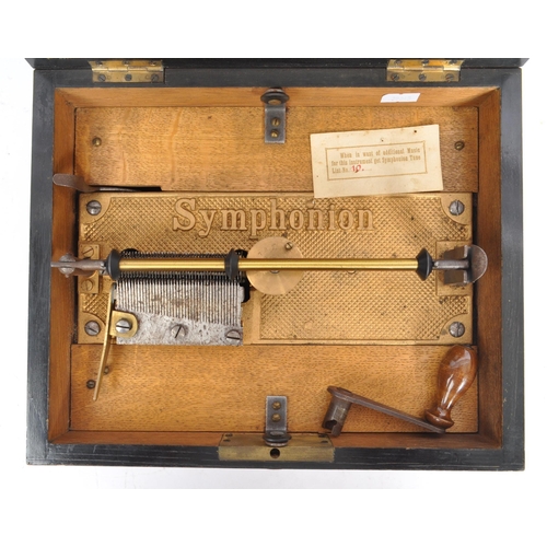 423 - A 19th century German walnut cased symphonium. With hinged lid, bearing inlaid label Symphonion to e... 