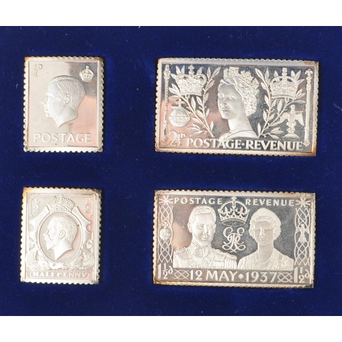 445 - A set of four silver commemorative Edition coronation enlarged proof quality silver monarch stamp in... 