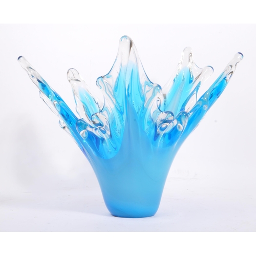 59 - A retro mid 20th century studio art glass centre piece vase / bowl. In a blue colourway with shaped ... 