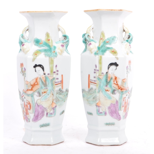 64 - A pair of early 20th century circa 1920s Chinese porcelain vases. The vases having flared octagonal ... 