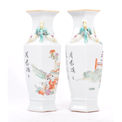 64 - A pair of early 20th century circa 1920s Chinese porcelain vases. The vases having flared octagonal ... 