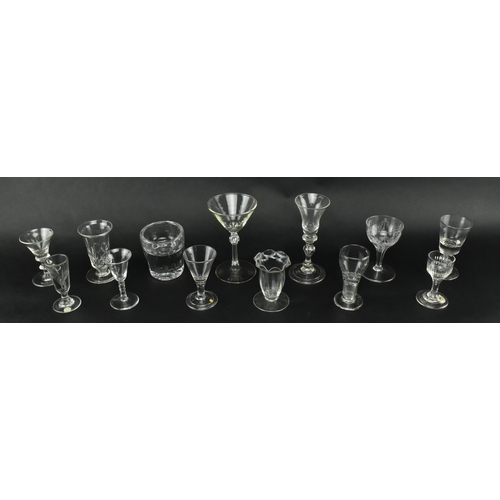 102 - A collection of thirteen George II 18th century & later cordial and dram hand blown drinking glasses... 