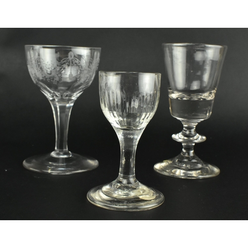 102 - A collection of thirteen George II 18th century & later cordial and dram hand blown drinking glasses... 