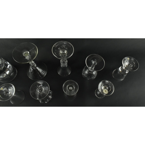 102 - A collection of thirteen George II 18th century & later cordial and dram hand blown drinking glasses... 