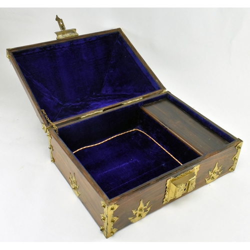 120 - A South Indian rosewood & gilded metal mounted jewellery / dowry box. The box of rectangular form wi... 