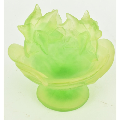 155 - Daum, France - A signed green & yellow glass orchid Pate de Verre footed bowl. The bowl having two o... 