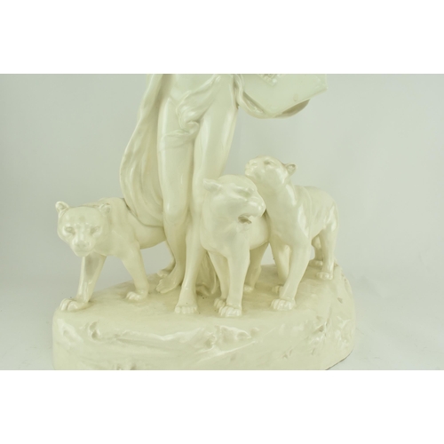 156 - An early 20th century circa 1925 Czechoslovakian cream glazed ceramic figure Orpheus & the lionesses... 