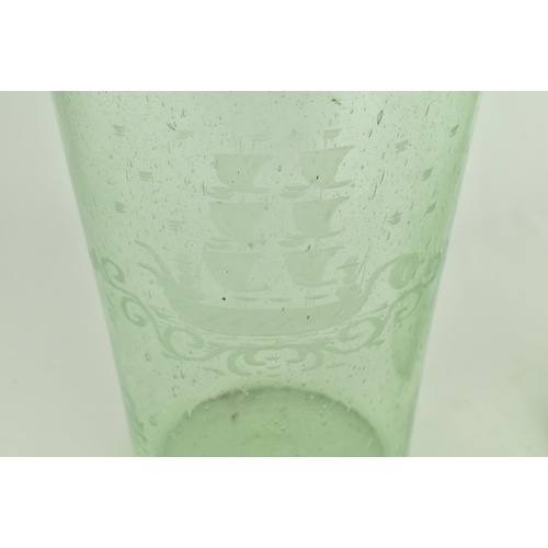 166 - A pair of believed continental 19th century etched green tinted glass soda vases. Each vase of cylin... 