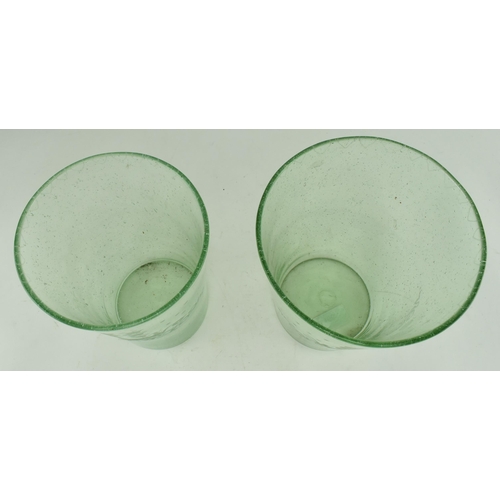 166 - A pair of believed continental 19th century etched green tinted glass soda vases. Each vase of cylin... 