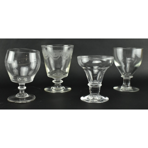 167 - A collection of seven 19th century & later hand blown rummer glasses. The lot comprising etched bowl... 