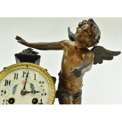 174 - An early 20th century French mantel clock. The metal worked clock case with a bronze patina finish w... 