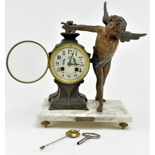 174 - An early 20th century French mantel clock. The metal worked clock case with a bronze patina finish w... 