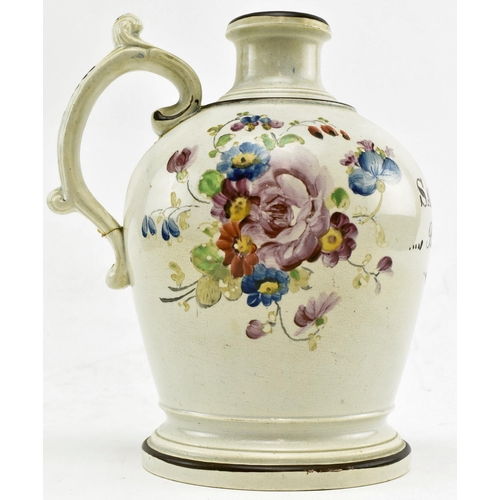 184 - A 19th century pearlware flagon cup with floral decorations. The flagon dated 1851 and bearing the n... 