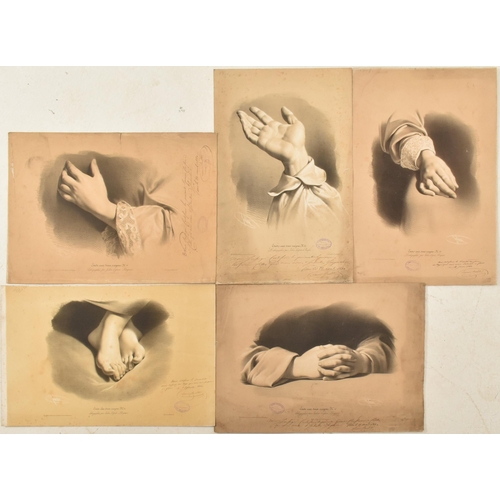 193 - Five mid 19th century circa 1842 French loose engraved plates, each being a close up study of hands ... 