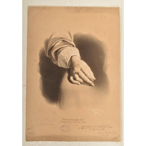 193 - Five mid 19th century circa 1842 French loose engraved plates, each being a close up study of hands ... 