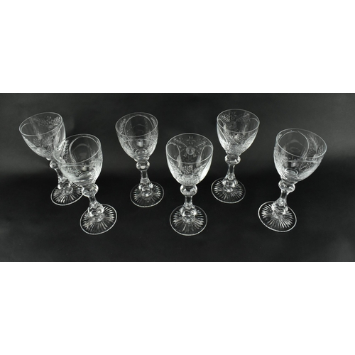 196 - A set of six vintage crystal etched chalice / wine glasses. The glasses are featuring engraved hop a... 