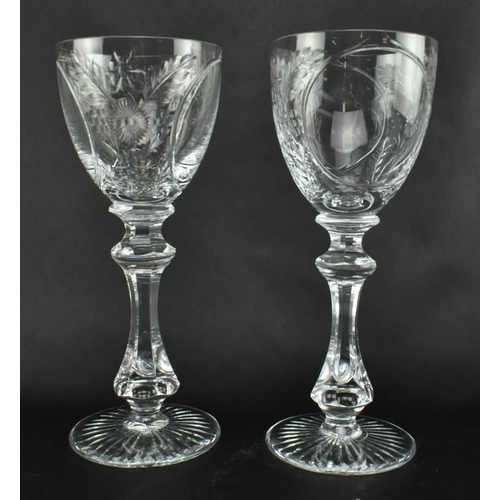 196 - A set of six vintage crystal etched chalice / wine glasses. The glasses are featuring engraved hop a... 