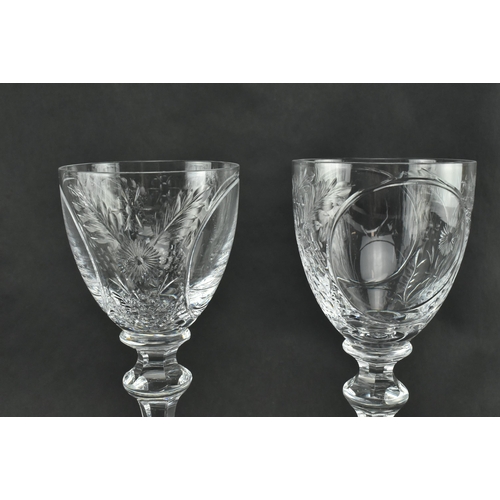 196 - A set of six vintage crystal etched chalice / wine glasses. The glasses are featuring engraved hop a... 