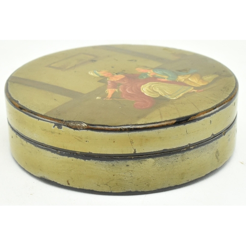 206 - A late 18th century Russian lacquered papier mache pill / snuff box. The box depicting a scene of a ... 