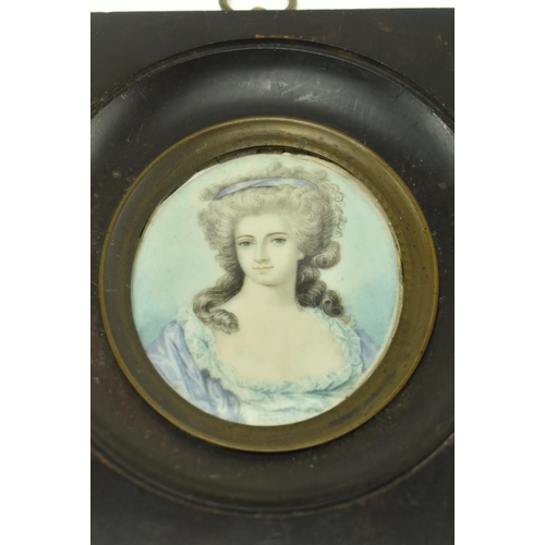 235 - A 19th century French School miniature portrait watercolour on ivory of lady with blue head band and... 