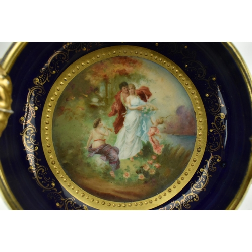 4 - Royal Vienna - A late 19th century hand painted fine bone china porcelain twin handled bowl in cobal... 