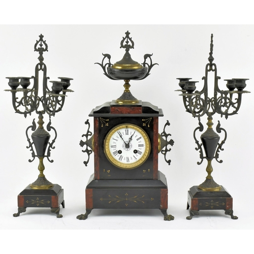 44 - Raison & Thomas - A French 19th century circa 1880s red marble & slate mantle clock garniture. The 8... 